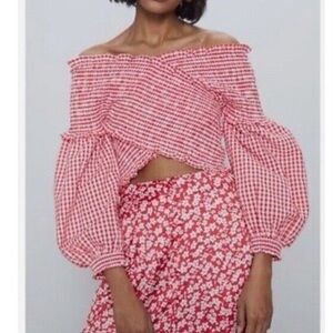 Zara Red Gingham Off-Shoulder Top